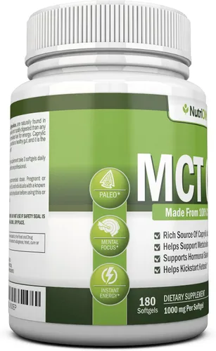 Miniatura 4 de NutriONN Aceite MCT, 3000 mg por porción, 180 cápsulas blandas, hecho de cocos 100% orgánicos, sin OMG, prensado en frío, cápsulas aptas para paleo