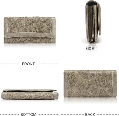 Miniatura 26 de MEITRUE Cartera de cuero para mujer, con bloqueo RFID, triple pliegue, con relieve, soporte para tarjetas, organizador de chequera para teléfono