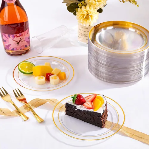 Miniatura 4 de DaYammi 240 platos de postre que incluyen 120 platos dorados para pastel de 6.3 pulgadas con 120 tenedores de plástico dorado de 5.7 pulgadas