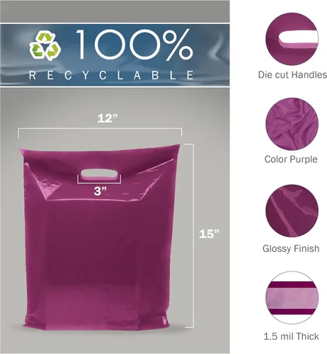 Miniatura 2 de PPB - Bolsas de plástico púrpura de 12 x 15 pulgadas, acabado brillante, tamaño mediano al por menor, paquete de 200, 1.5 mil de grosor, con asas