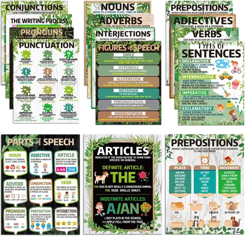 14 pósteres de partes verdes del discurso para decoraciones de aula, pósteres de gramática de granja, artes del lenguaje, regreso a la escuela,