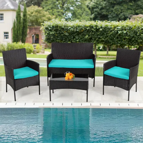 Miniatura 3 de Juego de 4 muebles modulares para exteriores, juego de muebles de mimbre resistentes al agua con 3 sillas de ratán, 1 cojín de mesa con tapa
