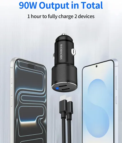 Miniatura 3 de Cargador de coche dual de 45W USB C, carga súper rápida de 90W máx, adaptador de encendedor de cigarrillos de 12V totalmente metálico para iPhone 17