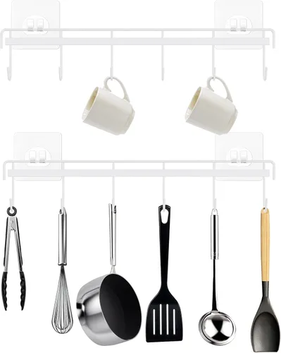 Miniatura 9 de Perchero de Utensilios de Cocina, Soporte de Utensilios Adhesivo de Pared con 12 Ganchos, Ahorro de Espacio y Sin Taladrar, Negro, 2 Piezas