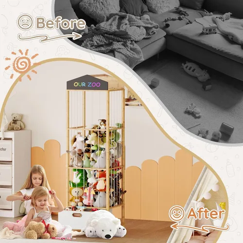 Miniatura 6 de HOOBRO Almacenamiento de animales de peluche, organizador de animales de peluche de bambú con cajón de tela y pizarra de bricolaje, organizador
