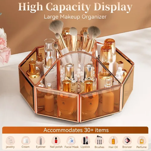 Miniatura 3 de CoralHouse Organizador de maquillaje giratorio de 360° con soporte para brochas de maquillaje para encimera, almacenamiento de baño, cuidado