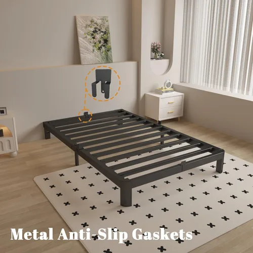Miniatura 5 de Marco de cama individual de 4 pulgadas con travesaños de metal, marco de cama individual negro sin necesidad de somier, patas con esquinas