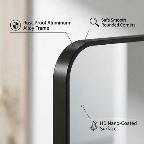 Miniatura 2 de Koonmi Espejo de baño, 30 x 30 pulgadas, espejo con marco de metal negro para baño, vidrio templado, antioxidante, espejo rectangular redondeado