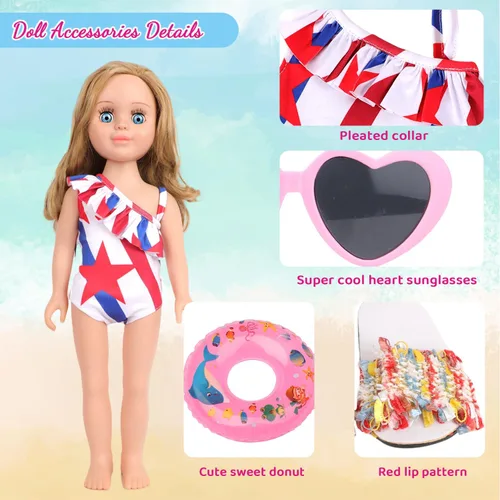 Miniatura 5 de MSYO Conjunto de traje de baño de playa de muñeca de 18 pulgadas, traje de baño patriótico de estrellas y rayas con lentes de sol, gafas