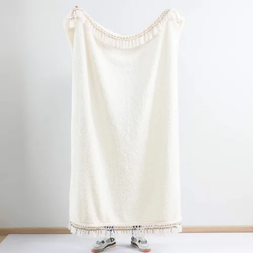 Miniatura 5 de Manta de sherpa ultra suave y acogedora, ligera y cálida, manta decorativa con borla, patrón sólido blanco antiguo, manta reversible estilo bohemio
