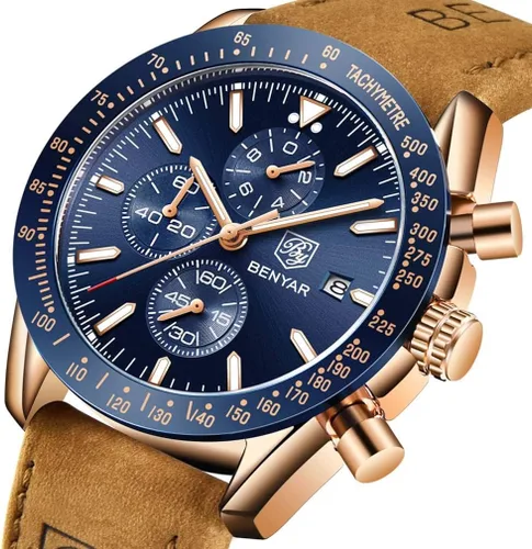 Miniatura 2 de BENYAR - Relojes de cuarzo para hombre cronógrafo de lujo impermeables a la moda de cuero marrón para hombre