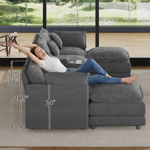 Miniatura 9 de Sofá modular de gran tamaño de 145 pulgadas, sofá de nube en forma de U, moderno juego de sofá de 6 asientos para sala de estar, cómodo asiento Gris