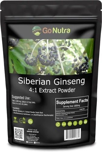 Go Nutra Ginseng siberiano - Polvo de raíz de Eleuthero | Extracto 4:1 4 veces más fuerte | Apoya la energía y la resistencia | Natural y