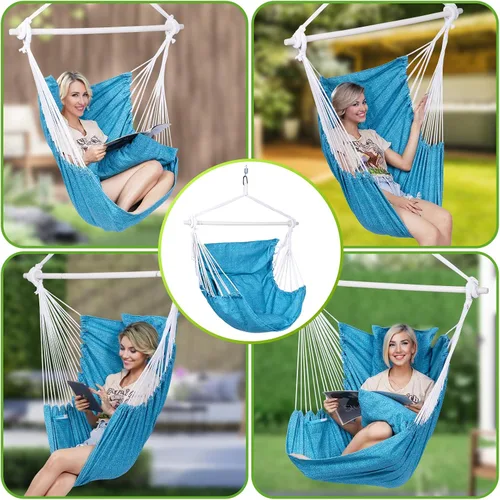 Miniatura 4 de Backyard Expressions - Silla hamaca colgante de cuerda, 2 almohadas, barra separadora de acero antideslizante