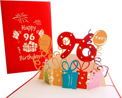 iGifts And Cards Tarjeta desplegable 3D de cumpleaños 96, regalos coloridos y celebración de hitos de globos, saludo sincero para personas mayores,