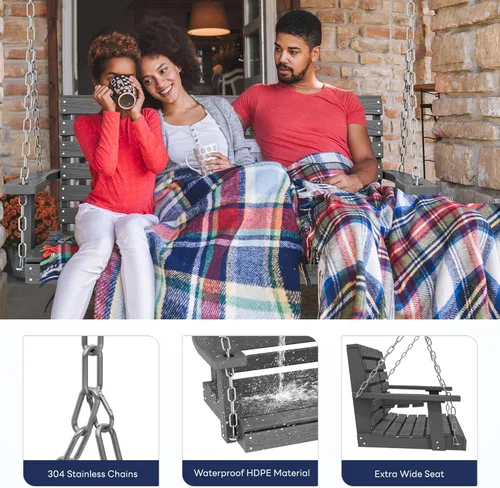 Miniatura 49 de KINGYES Columpio colgante para porche al aire libre, silla de columpio de patio de 2 asientos con portavasos, banco impermeable para patio y jardín
