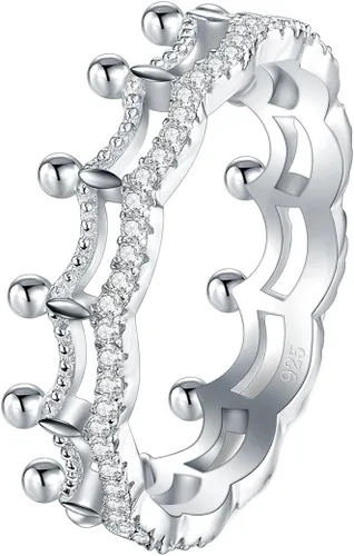 Miniatura 2 de BORUO Anillo de plata de ley 925, circonita cúbica, corona de princesa, tiara de boda, anillo de eternidad, tamaño 4-12, Plata de ley
