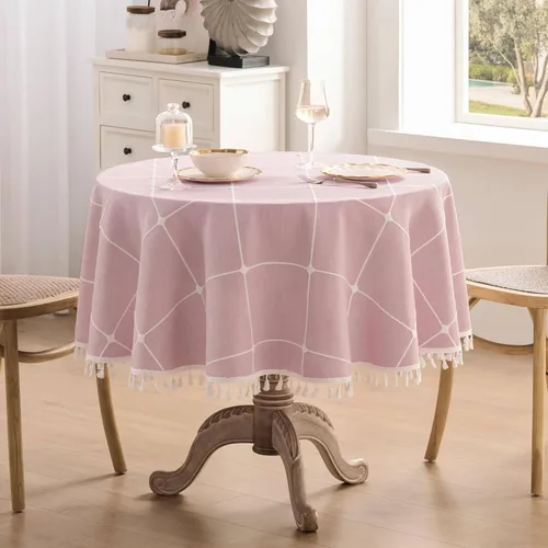 Miniatura 114 de ZeeMart - Mantel de mesa con diseño de cuadrícula boho y borlas (blanco roto, 132 cm x 132 cm), mantel de gran peso de lino a cuadros bordado