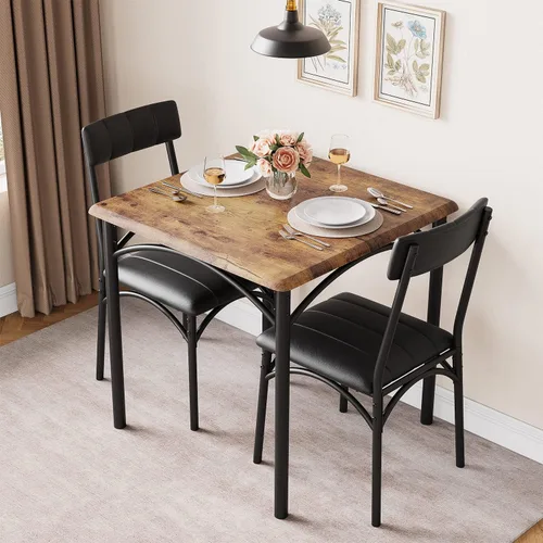 IDEALHOUSE Juego de mesa de comedor, mesa de cocina y sillas para 2, juego de mesa de comedor cuadrada de metal y madera con 2 sillas tapizadas,
