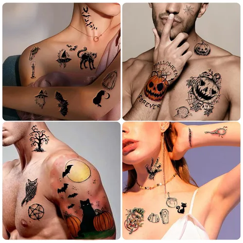 Miniatura 3 de Yazhiji 40 hojas de tatuajes temporales de Halloween, calabaza, bruja, azúcar, cráneo, tatuajes familiares, para mujeres, hombres, niños y niñas
