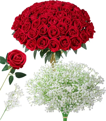 HyeFlora 35 rosas artificiales rojas con 15 piezas de flores falsas realistas de aliento de bebé con tallo largo para bricolaje, boda, fiesta,