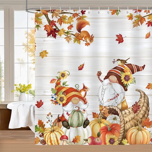 Miniatura 8 de Bonhause Cortina de ducha de gnomo de otoño, Acción de Gracias, hojas de arce otoñal, calabaza, búfalo, cortina de baño a cuadros, 72 x 72 pulgadas