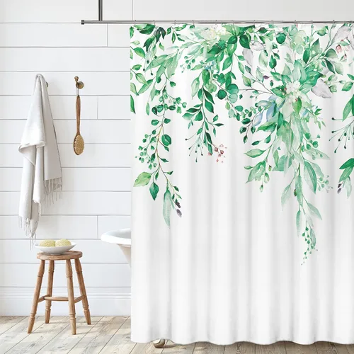Miniatura 134 de Tititex Spun Sugar - Juego de cortinas de ducha de eucalipto azul claro, hojas de acuarela brillantes en la parte superior, decoración floral