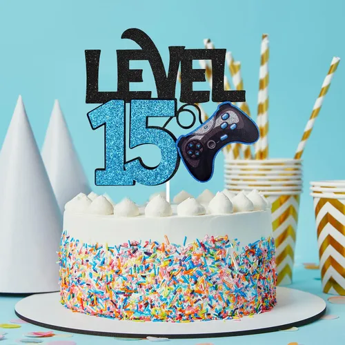 Miniatura 2 de Decoración para pastel de cumpleaños de nivel 15 – Videojuego de 15 cumpleaños para niño de 15 años, suministros de pastel azul – Decoración