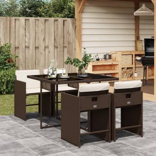Miniatura 23 de 11-Piece Brown Poly Rattan Patio Dining Set with Cream Cushions Outdoor Furniture Foldable Chairs Tempered Glass Table for Garden Backyard Patio