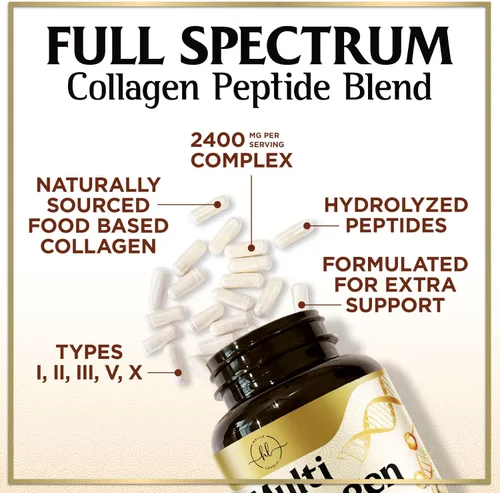 Miniatura 6 de Suplemento de colágeno múltiple de 2400 mg, el mejor complejo de colágeno hidrolizado para mujeres y hombres, con péptido tipo I, II, III, V, X