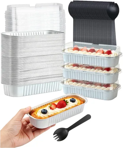 Miniatura 8 de Mini Moldes para Pan de 6.8oz con Tapas Paquete de 100, LNYZQUS Moldes de Aluminio Rectangulares Mini Moldes para Pasteles, Moldes Desechables