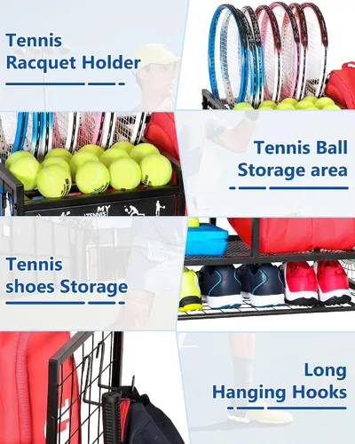Miniatura 3 de Mythinglogic Estante de almacenamiento para bolsas de tenis, raqueta de tenis y organizador de pelotas, soporte para equipo de tenis para garaje
