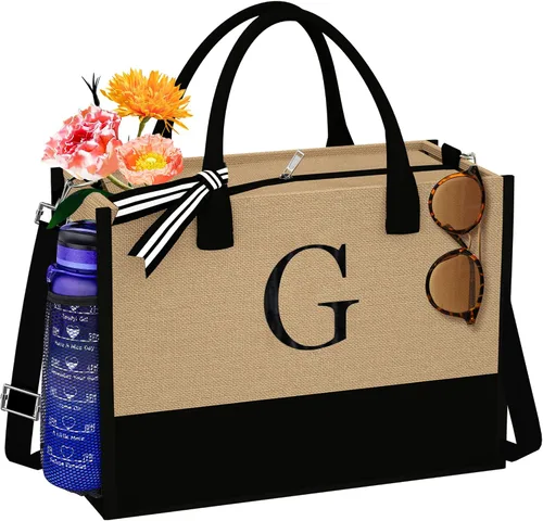 TOPEAST Jute Initial Tote Bag Burlap Beach Bag Personalized Birthday Gifts for Women Teacher Mom Bridal Bridesmaid Gifts