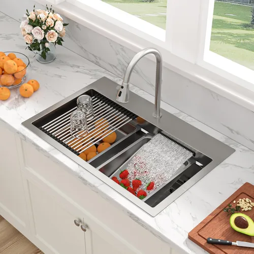 Sarlai - Fregadero de cocina de cascada de 31 pulgadas, de montaje superior - 31x20 Fregadero de cocina con borde y estación de trabajo, de acero