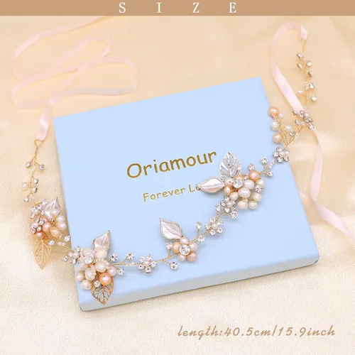 Miniatura 5 de Oriamour Diadema de cristal nupcial con perlas de agua dulce Diseño de flores Accesorios para el cabello de boda (dorado)