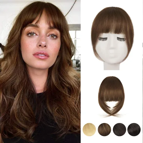 Miniatura 27 de BARSDAR Flequillo postizo de pelo humano real - Flequillo postizo 100% pelo humano para mujeres - Extensiones de flequillo ondulado castaño rojizo