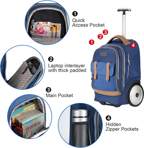 Miniatura 4 de Bolsa con ruedas para laptop de 14 pulgadas, bolsa con ruedas, mochila con ruedas, bolsa de computadora con ruedas de 20 pulgadas (azul)