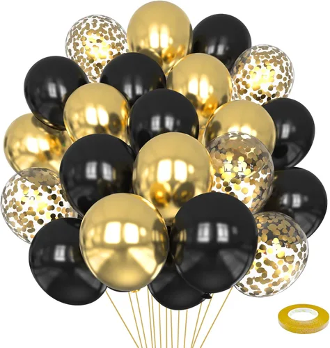 75 globos negros y dorados, globos de confeti negro y dorado de 12 pulgadas, globos de látex dorados para cumpleaños, Año Nuevo, boda, fiesta de