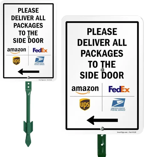 SmartSign Letrero de flecha izquierda con texto en inglés "Please Deliver All Packages to The Side Door", 10 x 7 pulgadas, aluminio laminado a