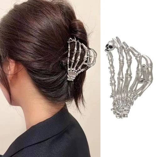 Miniatura 7 de Pinzas de pelo de mano de esqueleto de moda, grandes, sin arrugas, de metal, negro, punk, pasadores para mujeres y niñas, accesorios de peinado
