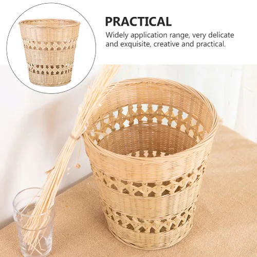 Miniatura 5 de Cabilock Bote de basura de bambú hecho a mano cesta tejida para el hogar basura, cesta de papel, contenedor de basura tejido de estilo rústico