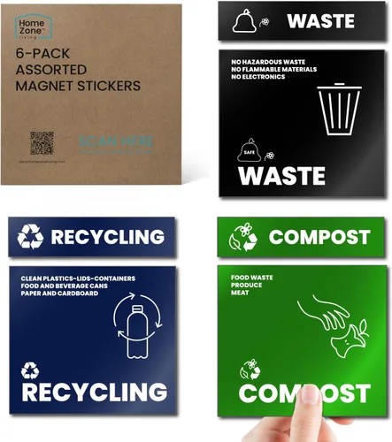 Home Zone Living Juego de calcomanías magnéticas surtidas de basura y reciclaje de cocina para residuos, reciclaje y compost, 3.94 x 3.94 pulgadas,