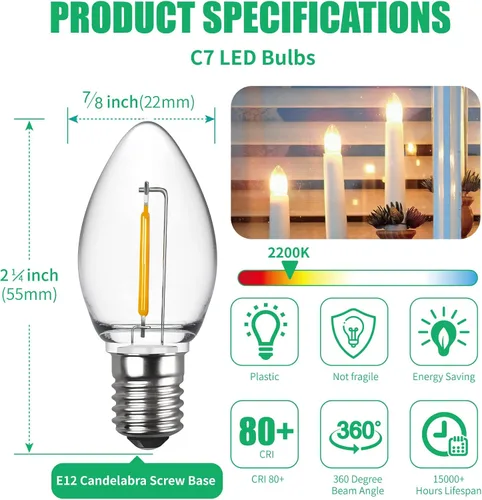 Miniatura 2 de Meconard - Bombillas LED C7 para luz nocturna, bombillas LED de repuesto irrompibles para velas de ventana y candelabros, base de candelabro E12