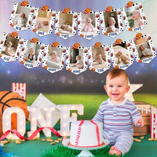 Miniatura 7 de Sursurprise Decoraciones deportivas de primer cumpleaños, pancarta mensual de fotos para niños, suministros de fiesta de primer cumpleaños