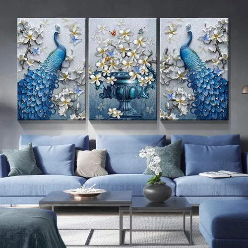 Miniatura 4 de Denozer Lienzo decorativo para pared, 3 paneles, 24 x 32 pulgadas, elegante, pavo real azul con imagen floral blanca, impresión de pintura de Art01
