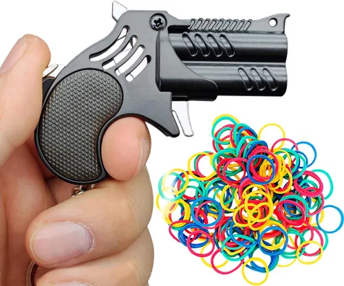 Pistola de banda de goma, llaveros creativos, adornos decorativos, bolsa escolar, colgantes, juguetes creativos de descompresión (negro)