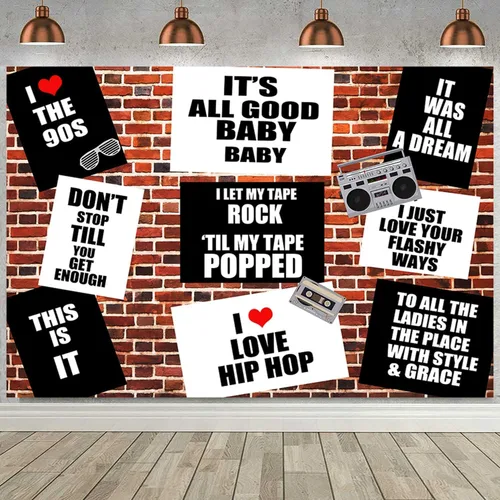 Sensfun Fondo de fotografía de pared de ladrillo rojo retro de los años 90, decoración de cumpleaños de rap, música de rap, hip-hop, negro y blanco,