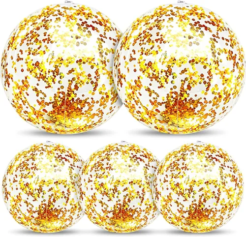 Miniatura 10 de Paquete de 5 bolas de playa de lentejuelas de 16 pulgadas y 24 pulgadas, inflables, confeti con purpurina, pelota de playa transparente, juguete