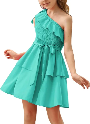 Danna Belle Vestido de fiesta de verano para niñas, con un hombro, volantes, escalonado, ropa de regalo, tallas 5-14