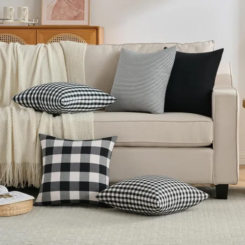Miniatura 7 de CARRIE HOME Juego de 4 fundas de almohada a cuadros blancos y negros de 18 x 18 pulgadas para exteriores, decoración de granja a cuadros de búfalo